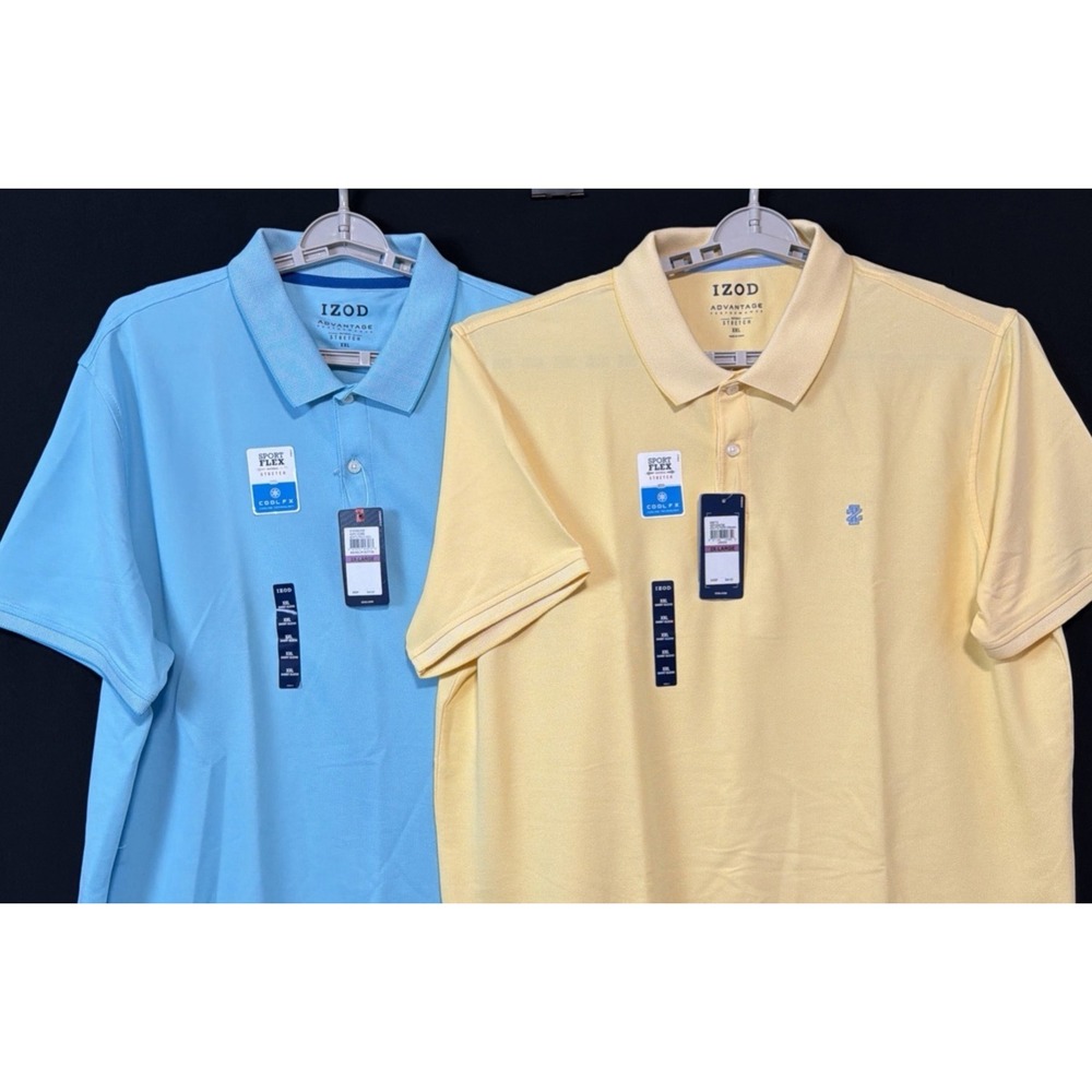 LOT OF 2 Izod Advantage Performance Polo Shirt Men 2XL Lemon Yellow/Blue Stretch